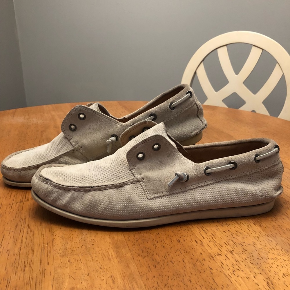 [9.5] John Varvatos Laceless Ivory Boat Shoes